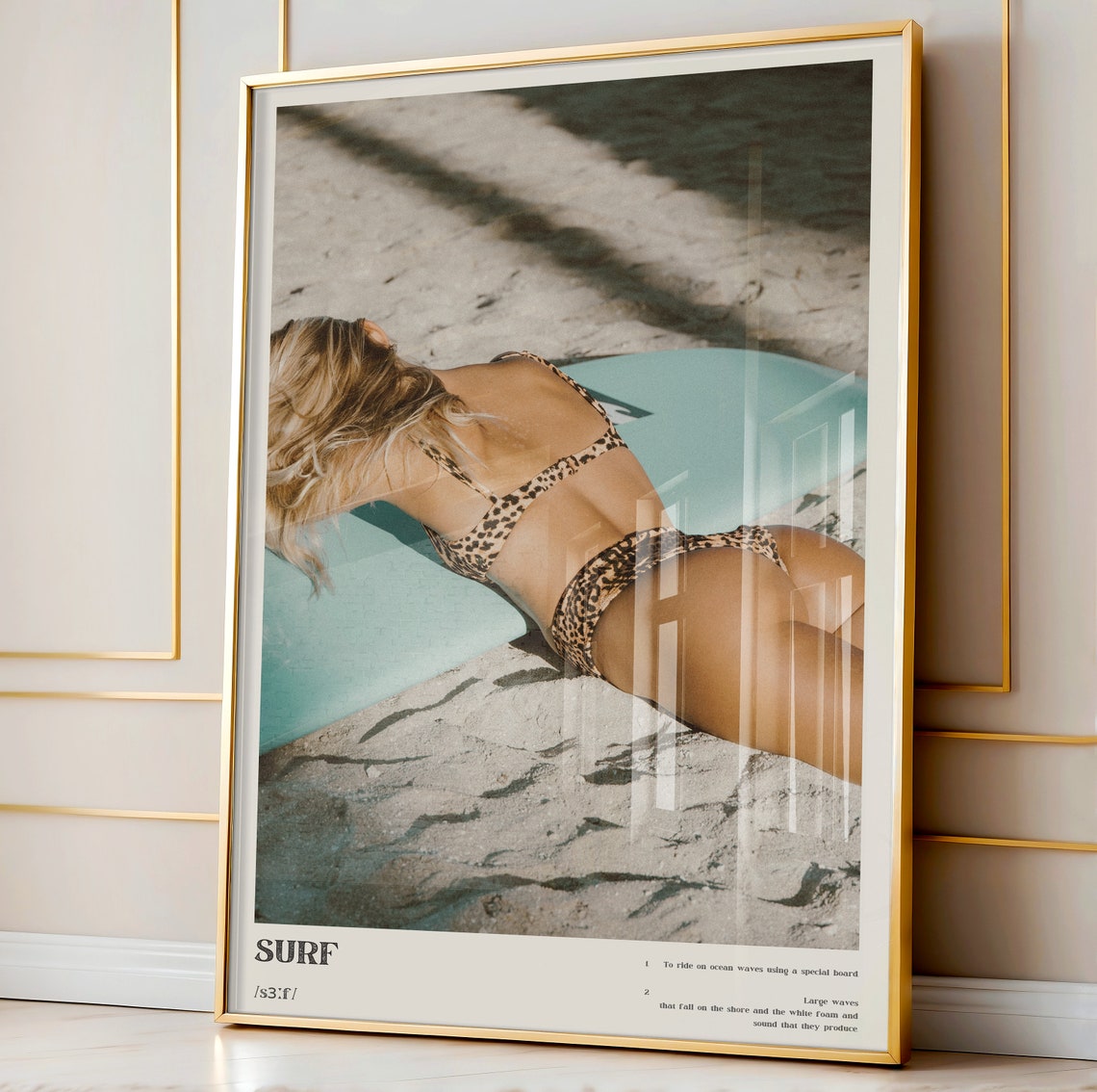 Surf Definition Photo Poster Woman Resting on Surfboard in Sand