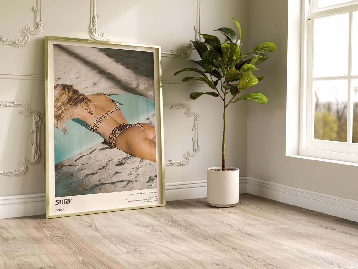 Surf Definition Photo Poster Woman Resting on Surfboard in Sand - Image 2