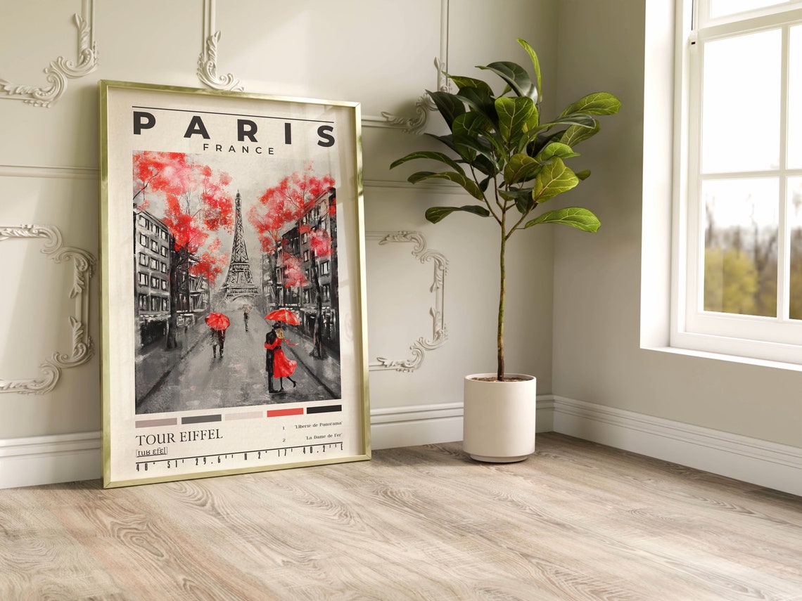 Paris France Eiffel Tower Red Umbrellas Black White Street Poster - Image 2