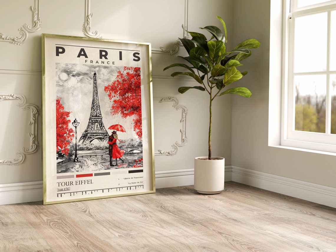 Romantic Paris Couple Red Umbrella Eiffel Tower Oil Painting Poster - Image 2