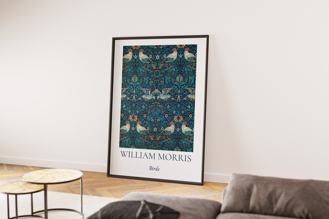 William Morris Birds Dark Navy Tapestry Pattern Exhibition Wall Art - Image 2