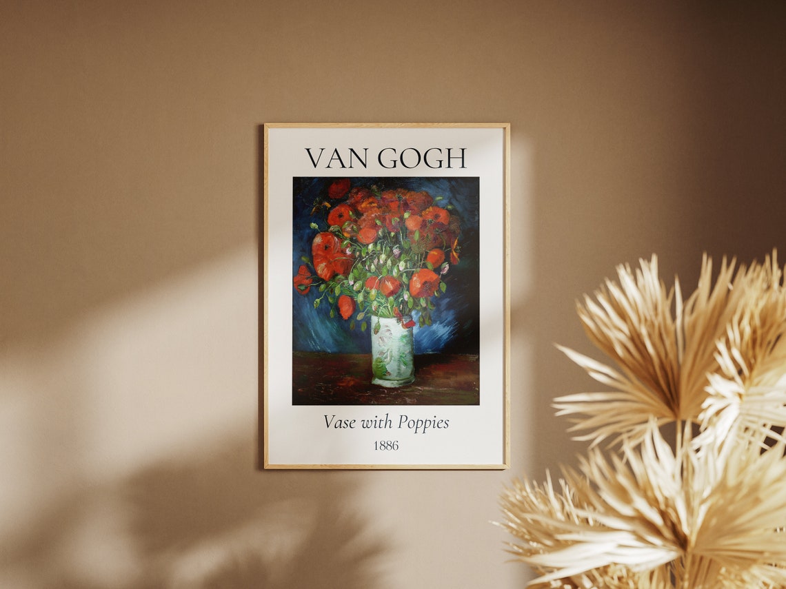 Van Gogh Vase with Poppies 1886 Red Flowers Blue Background Poster - Image 5