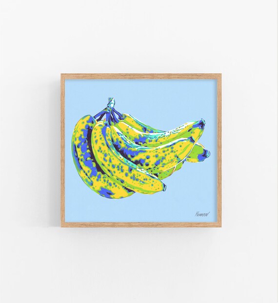 Bold Pop Art Banana Bunch Tropical in Yellow and Blue Kitchen Poster