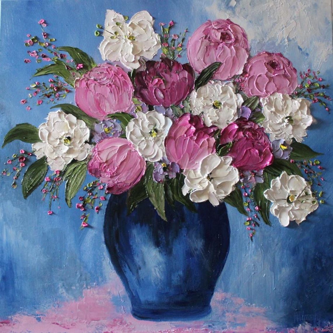 Pink and White Peonies in Cobalt Blue Vase Impasto Art Poster - Image 3