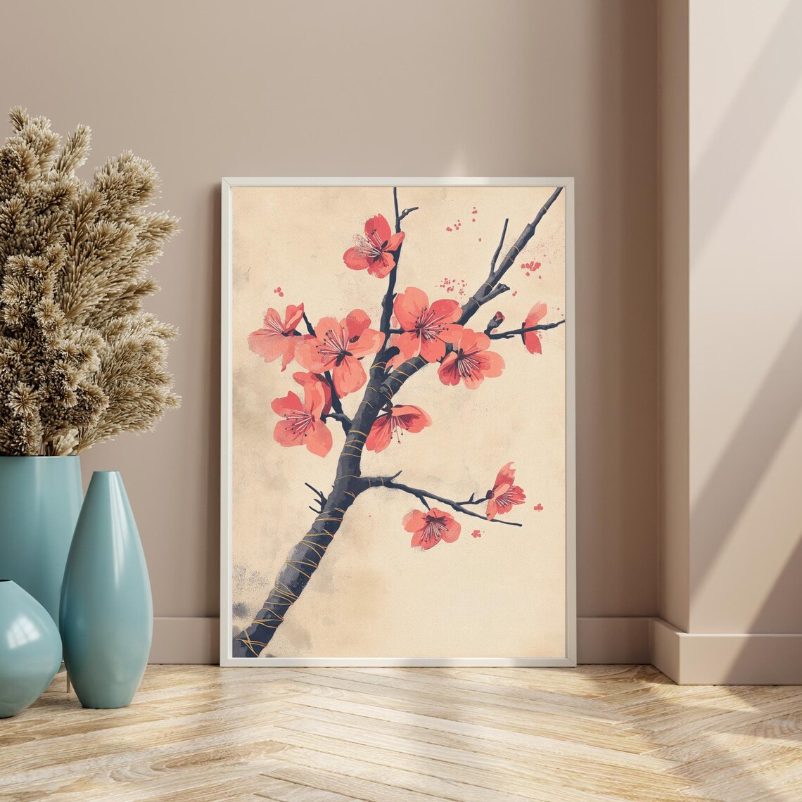 Red Cherry Blossom Branch Vintage Japanese Botanical Wall Art Poster