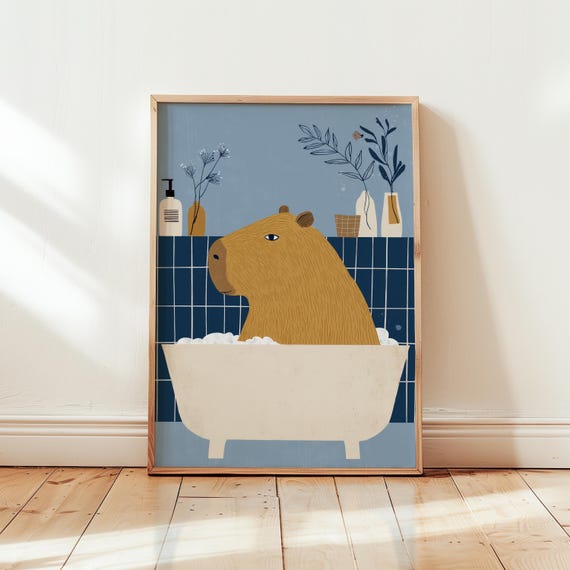 Capybara Bath Cute Minimalist Animal Art, Nursery Decor