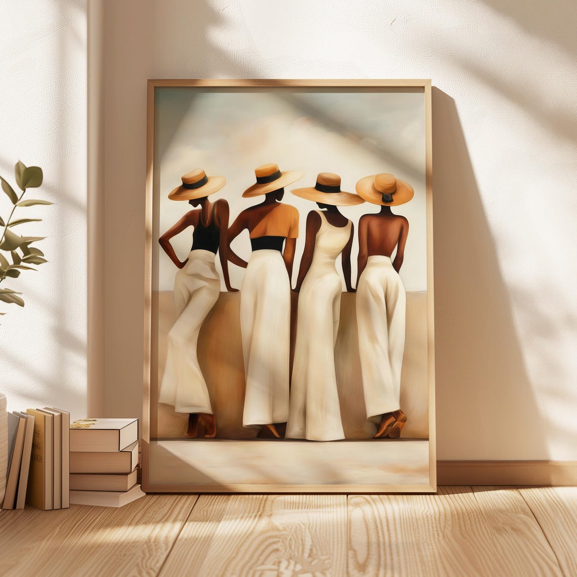 Four Women Straw Hats Elegant Back View Afrocentric Fashion Wall Art