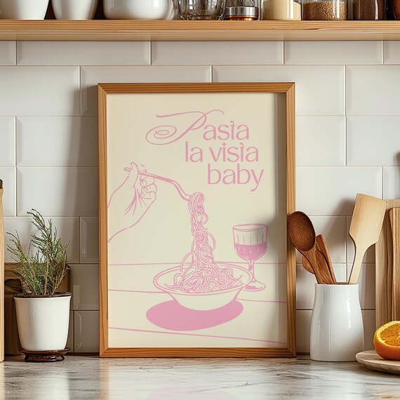 Pasta La Vista Baby Pink Spaghetti Line Art Kitchen Wall Poster