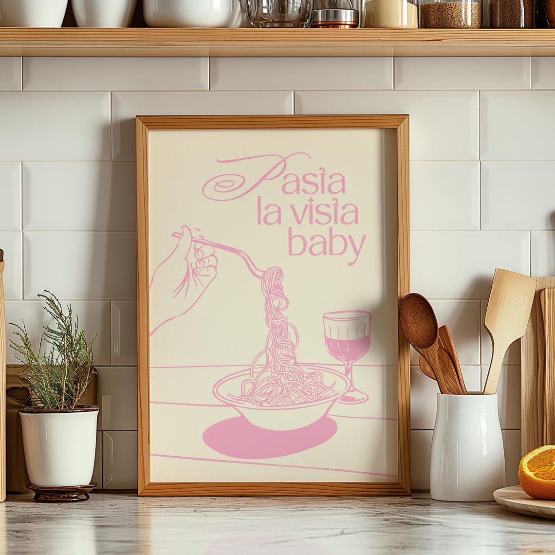 Pasta La Vista Baby Pink Spaghetti Line Art Kitchen Wall Poster