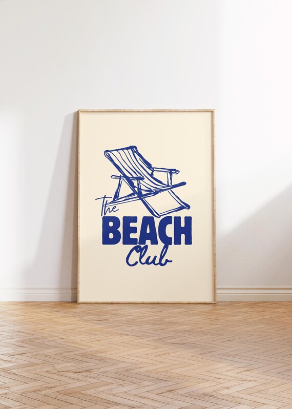 The Beach Club Retro Striped Deck Chair Navy Typography Poster
