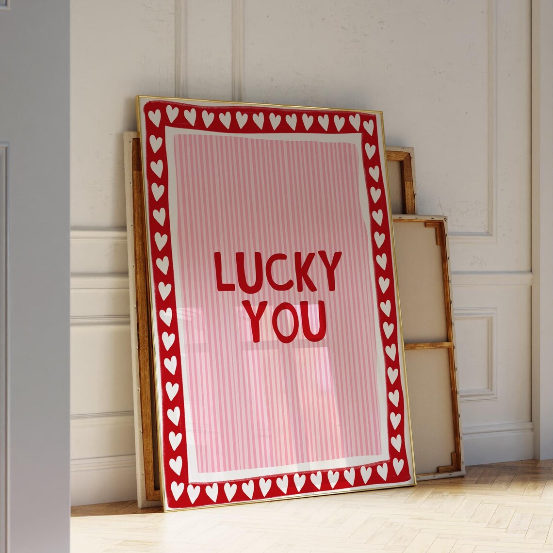 Lucky You Red Hearts on Pink Stripes Preppy Quote Wall Poster