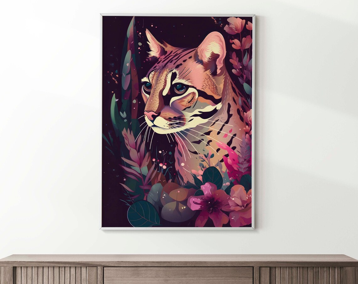 Ocelot Close Up With Neon Jungle Flowers Night Wildlife Poster