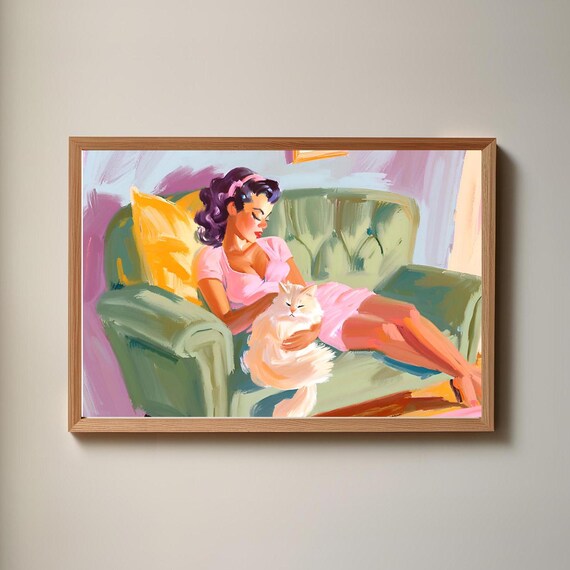 Vintage Pinup Girl and Cat, Retro Wall Decor