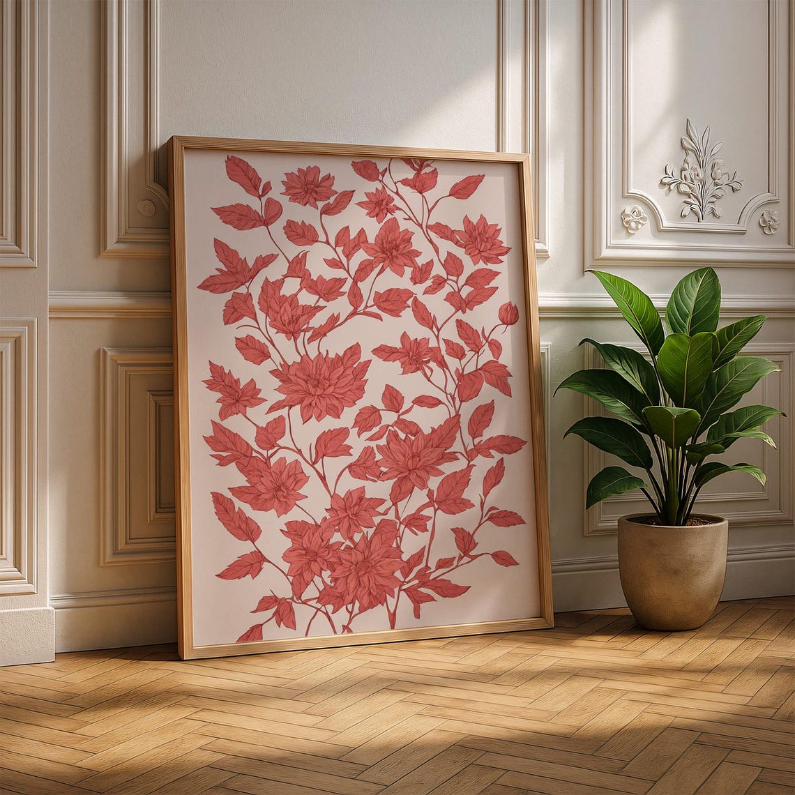 Crimson Dahlia Red Floral Line Art Botanical Illustration Poster