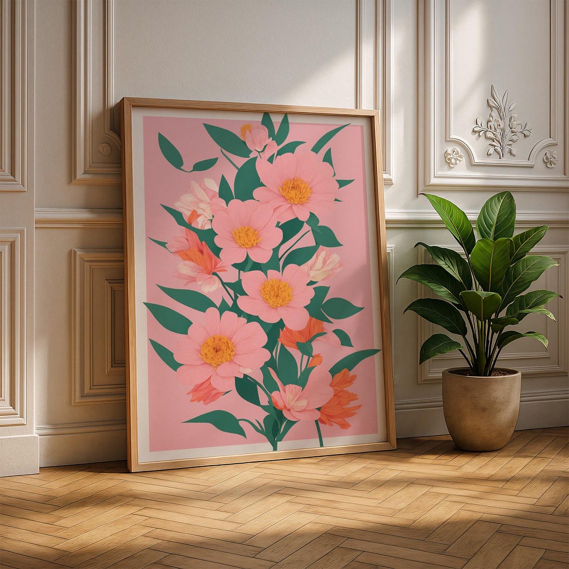 Pink Floral Botanical Art Print with Modern Flower Illustration