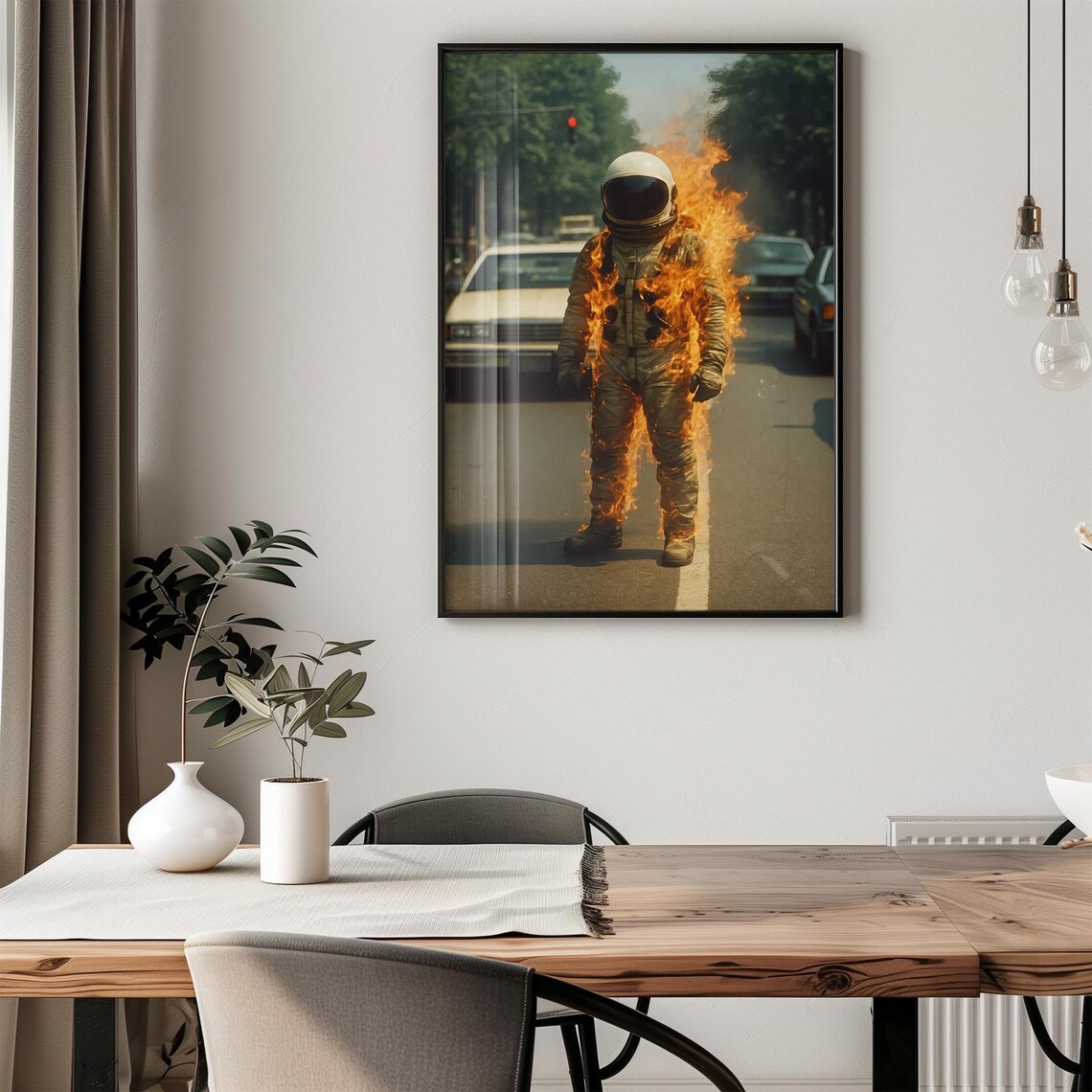 Burning Astronaut Surreal Retro Sci Fi City Street Art Poster