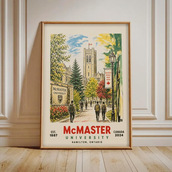 Mcmaster University Print Vintage Campus Poster Art Hamilton Ontario Wall Decor College Alumni Gift