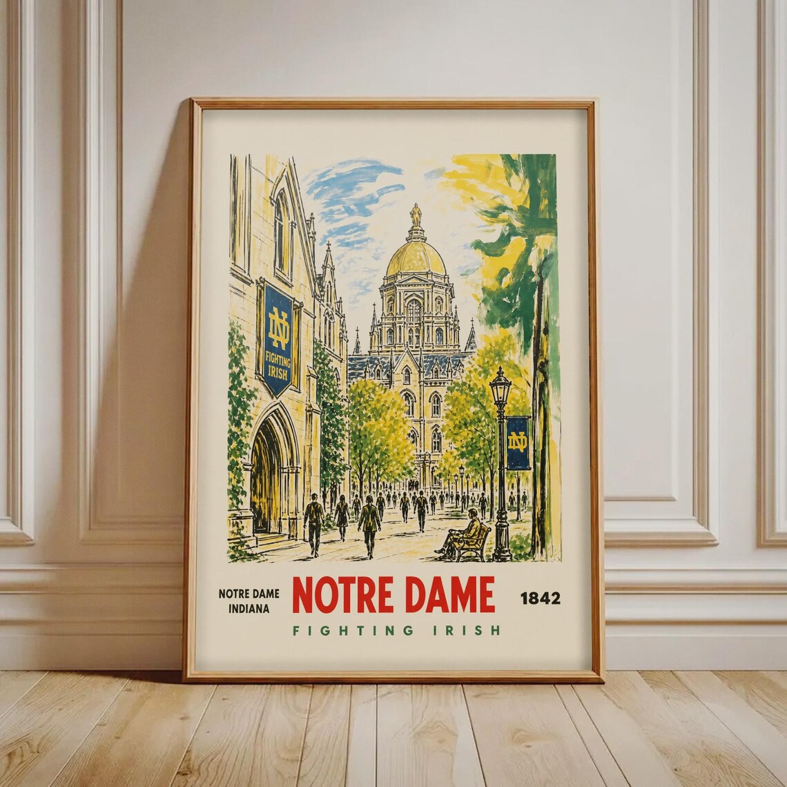 Notre Dame Indiana Fighting Irish 1842 Vintage Campus Travel Poster