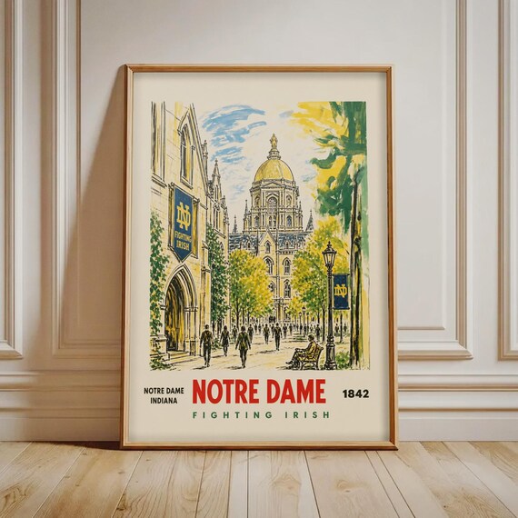 Notre Dame Print Vintage University Campus Poster Art College Wall Decor Fighting Irish Indiana 1842