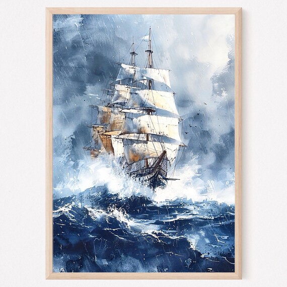 Tall Sailing Ship In Stormy Ocean Waves Dramatic Watercolor Poster