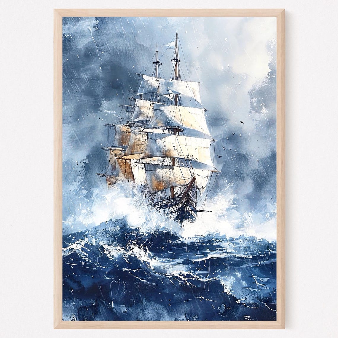 Tall Sailing Ship In Stormy Ocean Waves Dramatic Watercolor Poster