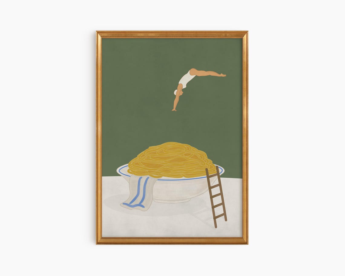 Diver Jumping Into Giant Spaghetti Bowl Funny Kitchen Art Print