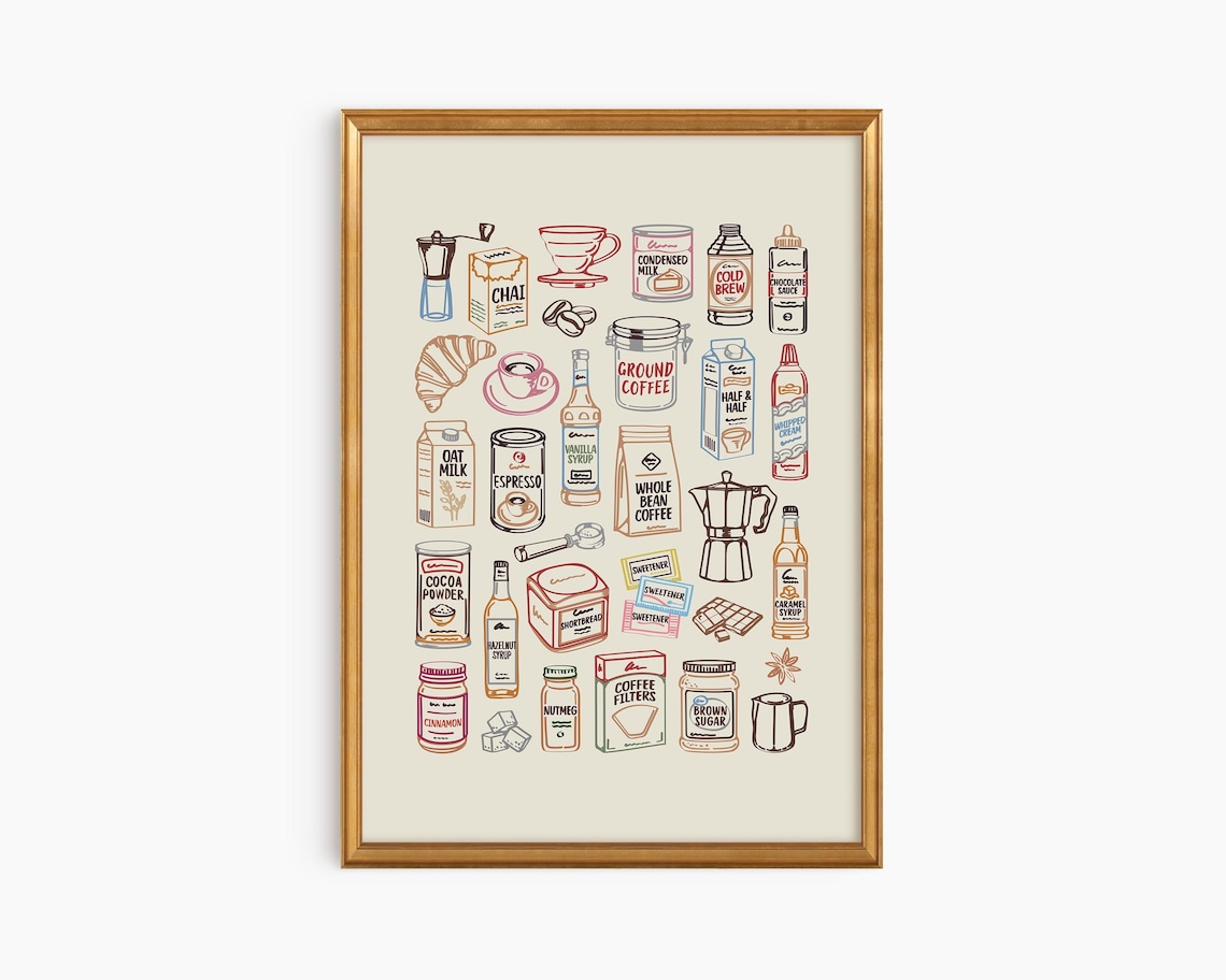 Vintage Coffee Pantry Illustration Latte Bar Ingredients Art Print