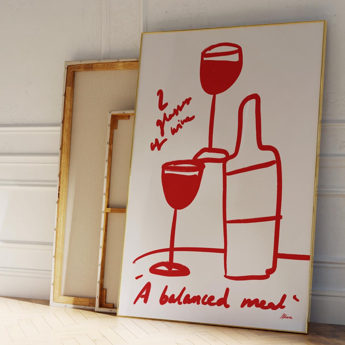 Two Glasses Of Wine A Balanced Meal Funny Red Sketch Kitchen Poster