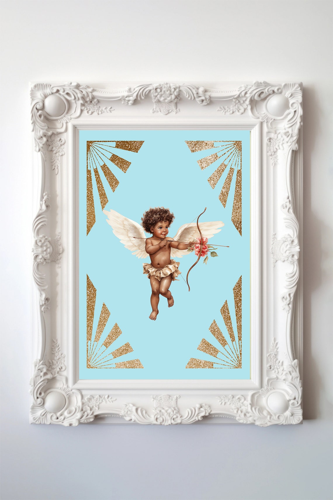 Vintage Cupid Drawing His Bow Art Deco Gold Fan Valentine Cherub Print