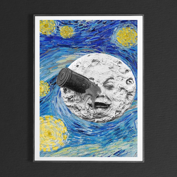 Starry Night Meets Trip to the Moon Van Gogh Cinema Mashup Poster
