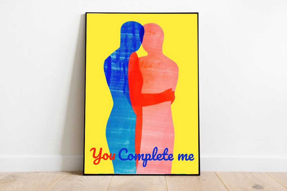 You Complete Me Love Embrace Silhouette Yellow Couple Wall Poster