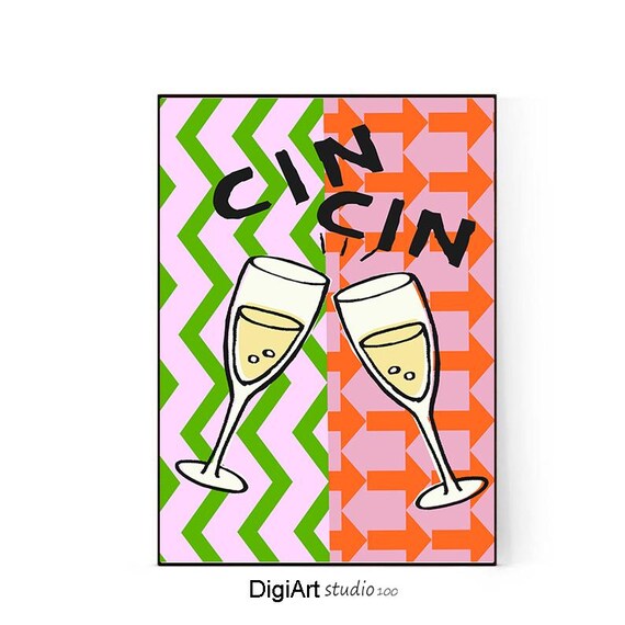 Cin Cin Champagne Cheers Pop Art Bar Cart Kitchen Decor Poster