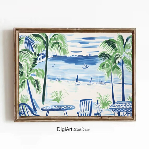 Green Blue Coastal Landscape Watercolor Painting Beach Landscape Palm Trees