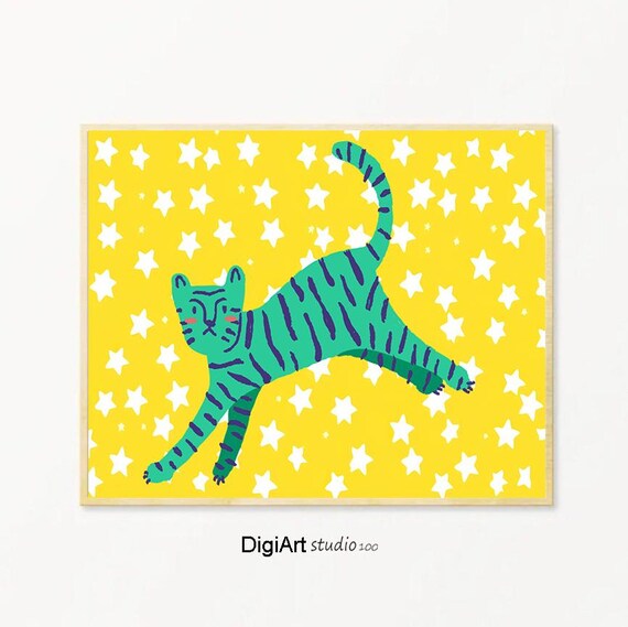 Bold Teal Tiger Yellow Star Modern Kids Jungle Nursery Poster