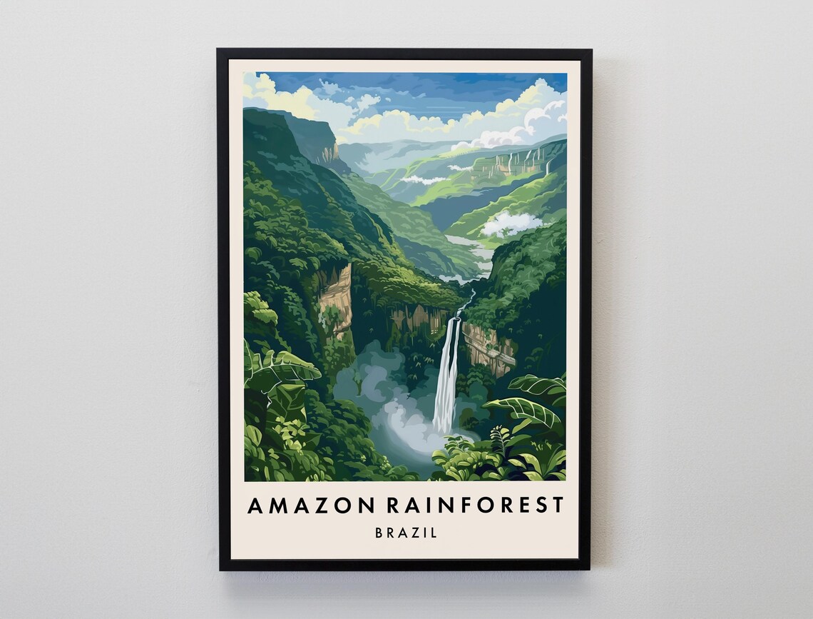 Amazon Rainforest Brazil Waterfall Jungle Canyon Travel Poster
