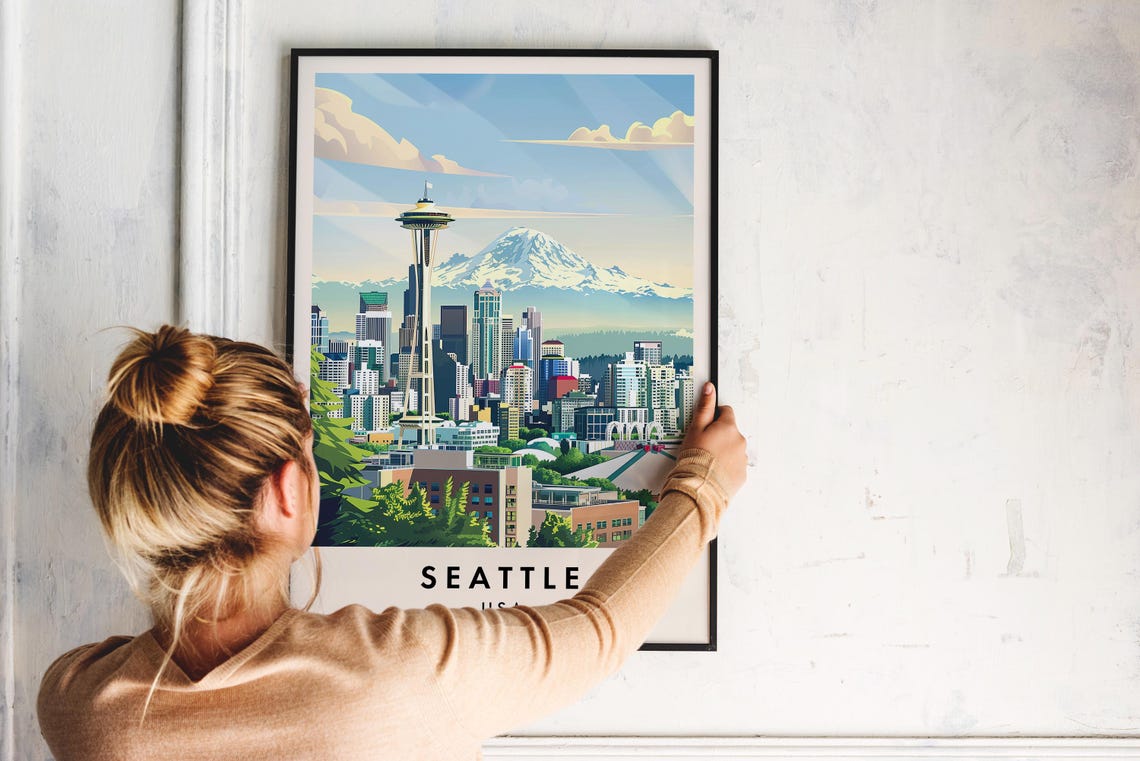 Seattle Space Needle Skyline Mount Rainier Backdrop Travel Poster - Image 2