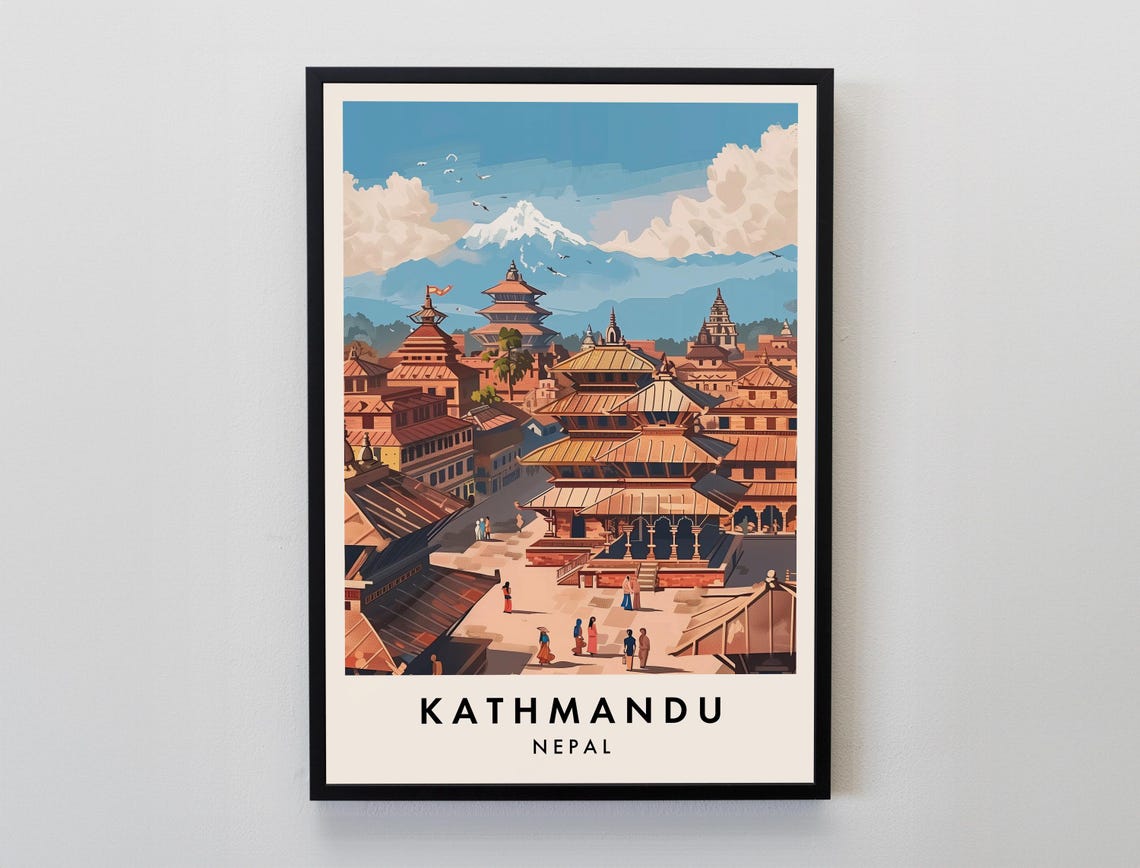 Kathmandu Nepal Himalaya Temples Vintage Illustration Poster