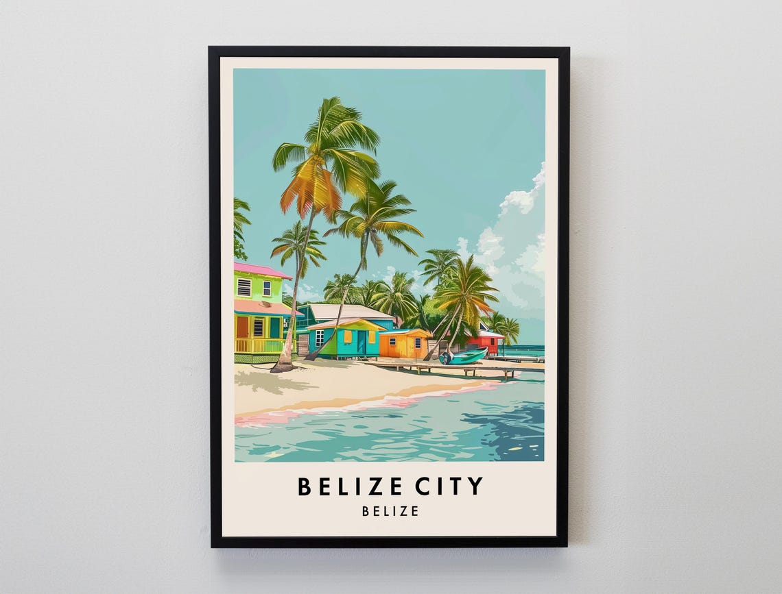 Belize City Beach Huts Palm Trees Tropical Shoreline Travel Poster