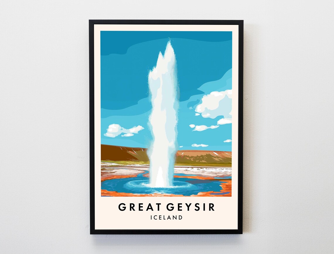 Great Geysir Iceland Erupting Geyser Blue Sky Nature Travel Poster