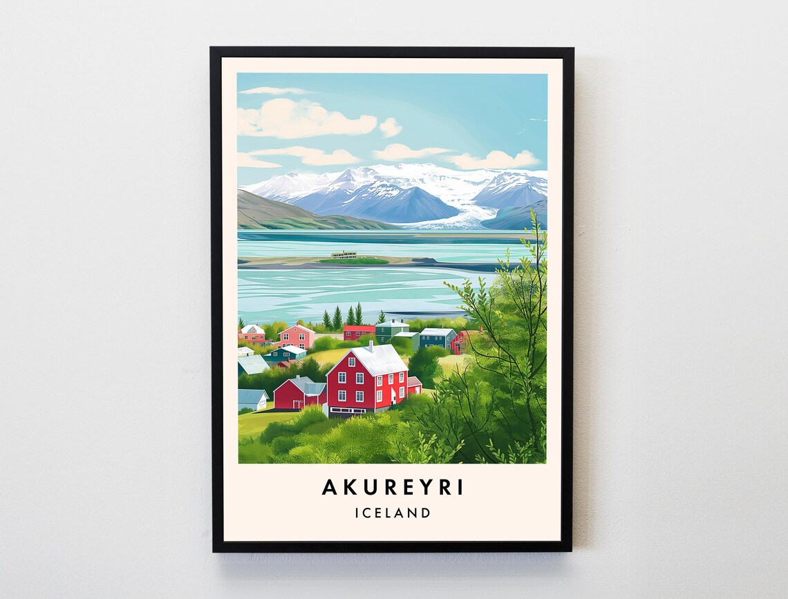 Akureyri Iceland Fjord Travel Poster Red Houses Snow Mountain View