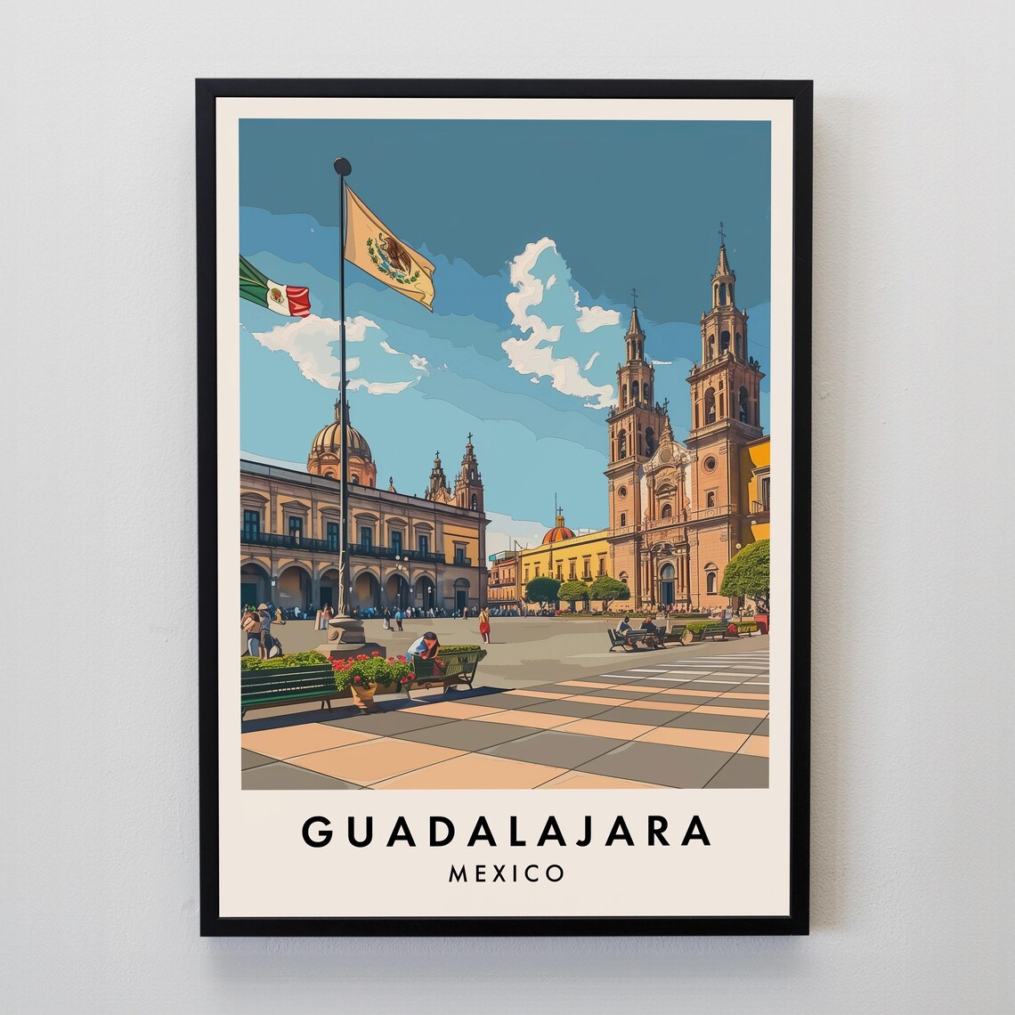 Guadalajara Mexico Travel Poster with Cathedral Plaza Street View