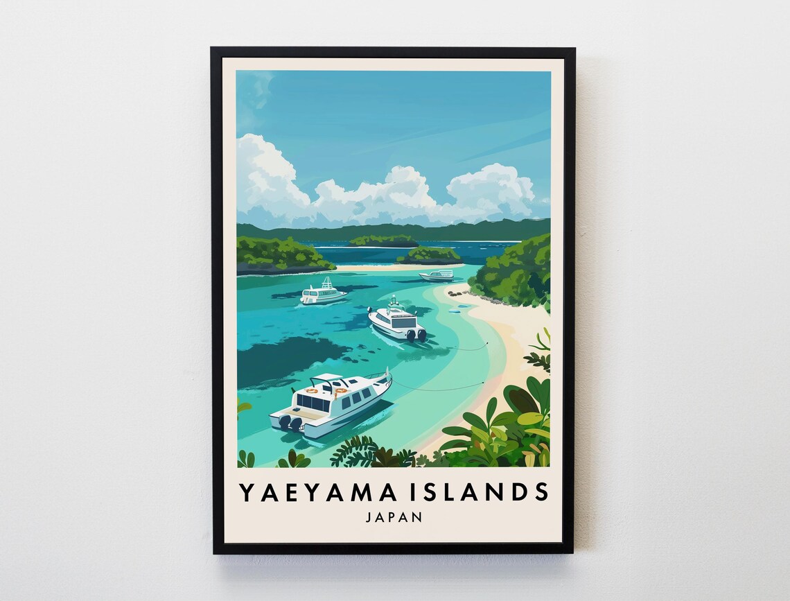 Yaeyama Islands Japan Turquoise Bay Boats Tropical Travel Art Poster