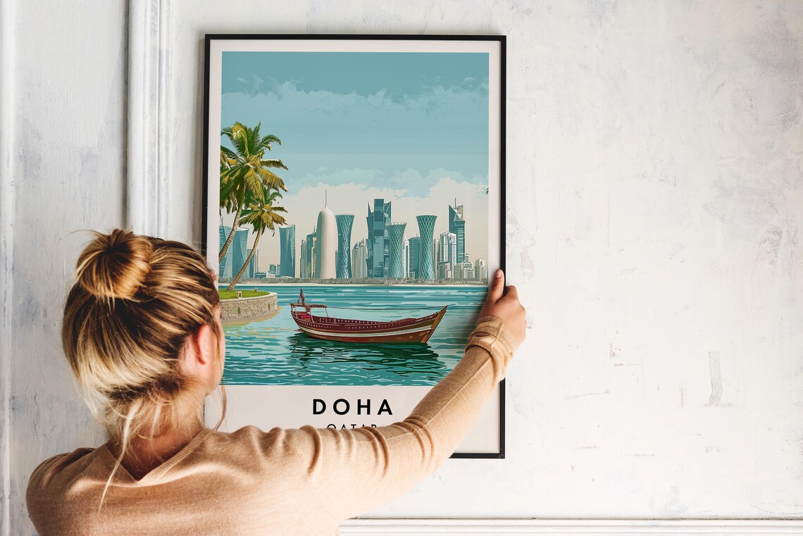 Doha Qatar Skyline Dhow Boat Palm Trees Vintage Travel Poster - Image 2
