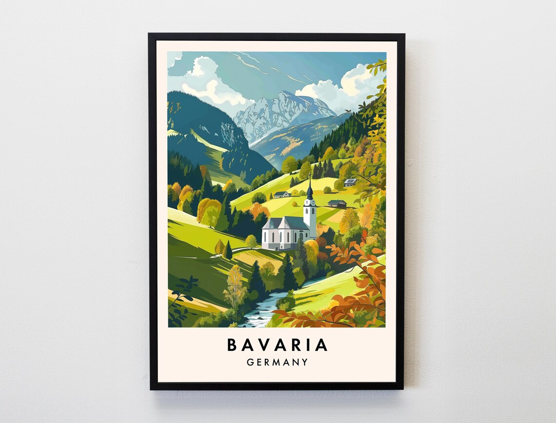 Bavaria Germany Autumn Alpine Valley Church Landscape Travel Poster
