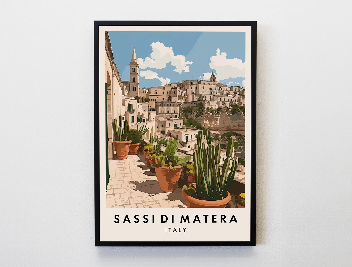 Sassi di Matera Italy Ancient Stone Town Cactus Travel Poster