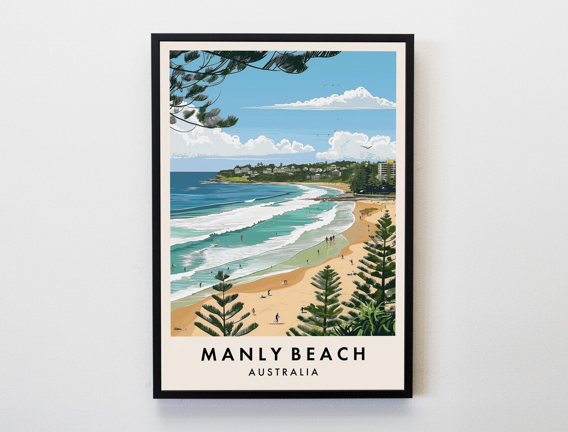 Manly Beach Sydney Surf Waves Norfolk Pines Vintage Travel Poster