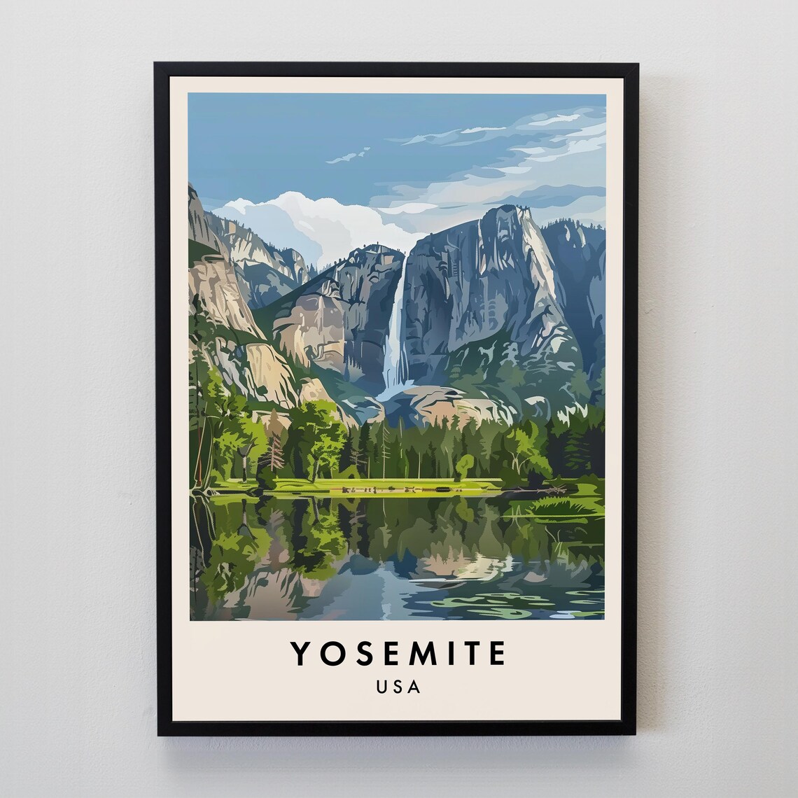 Yosemite National Park USA Travel Poster with Waterfall Valley