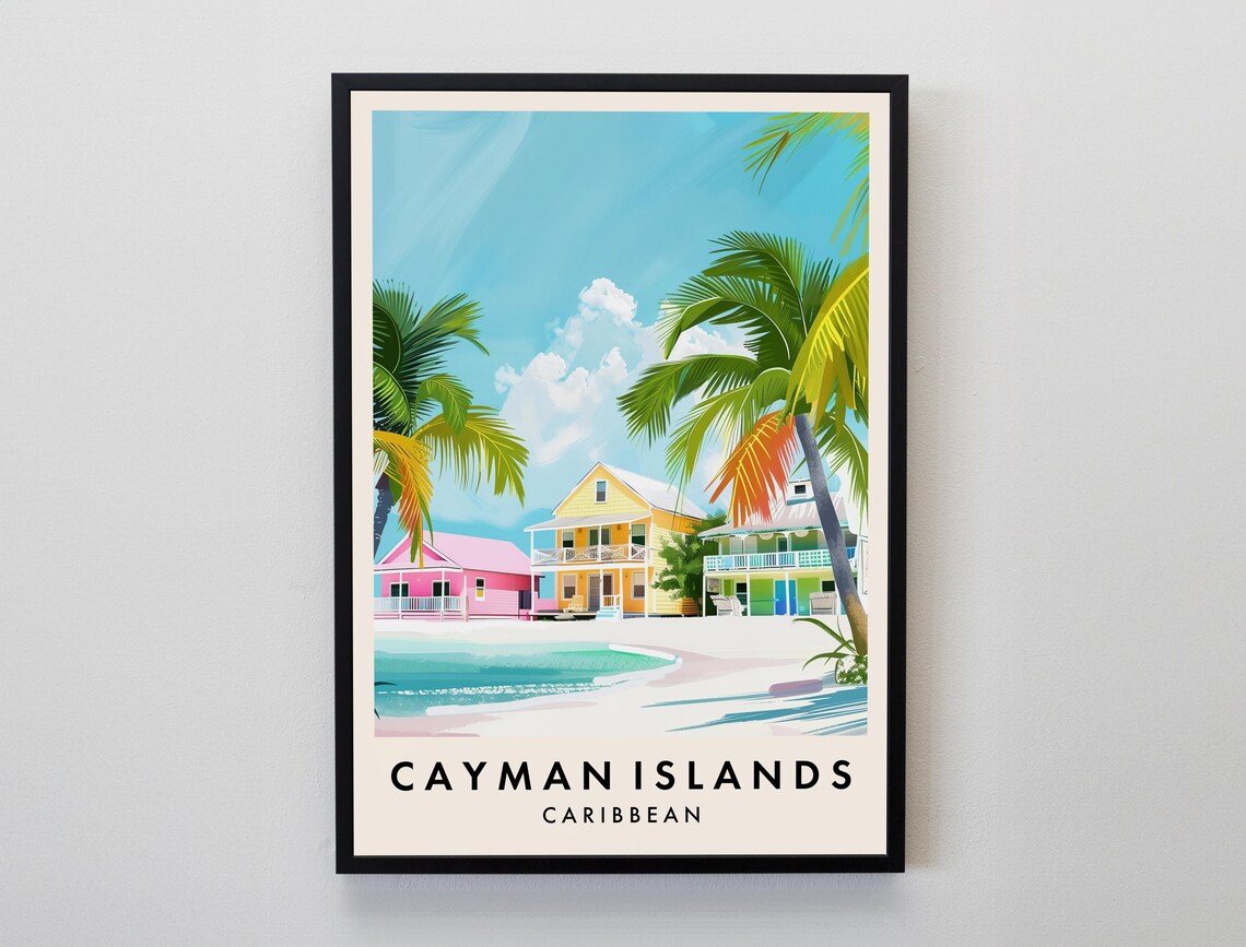 Cayman Islands Pastel Beach Houses Palms Caribbean Travel Poster