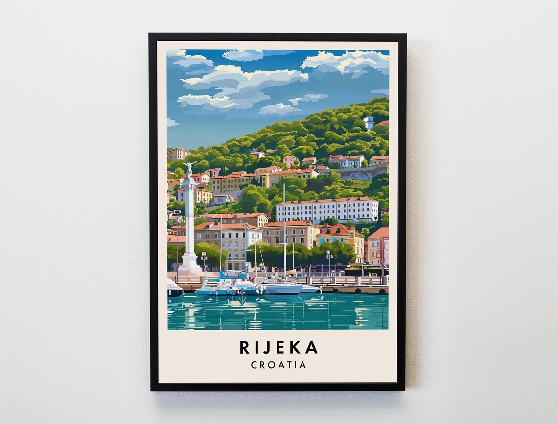 Rijeka Croatia Seaside Harbor Old Town Hillside Vintage Travel Poster