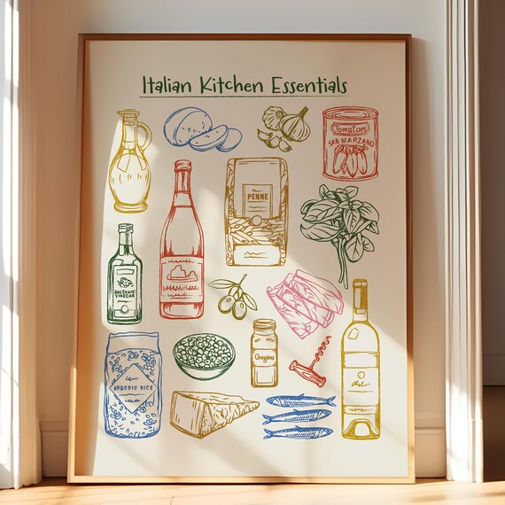Italian Kitchen Essentials Colorful Ingredient Sketch Poster